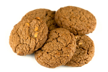 Delicious tasty snack of brown cookies with peanut isolated on white background