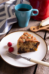 pear pie with chocolate and a cup of tea