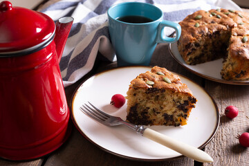 pear pie with chocolate and a cup of tea