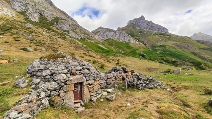 Typical huts in Lago del Valle valley, Somiedo Natural Park, Asturias, Spain