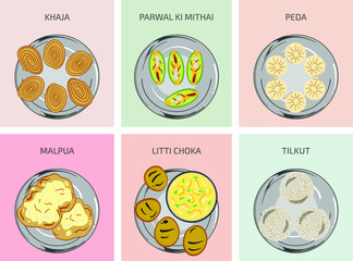 Indian food vector graphics. Bihari Food. Main Course breakfast lunch and dinner meals in India. Litti Chokha Malpua Tilkut peda parwal ki mithai khaja.