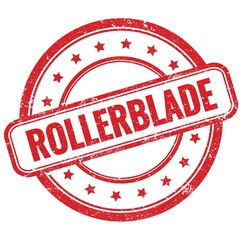 ROLLERBLADE text on red grungy round rubber stamp.