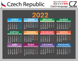Czech horizontal pocket calendar for 2022. Week starts Monday