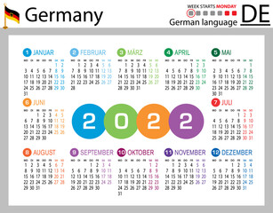 German horizontal pocket calendar for 2022. Week starts Monday