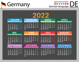 German horizontal pocket calendar for 2022. Week starts Monday