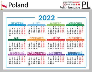 Polish horizontal pocket calendar for 2022. Week starts Monday