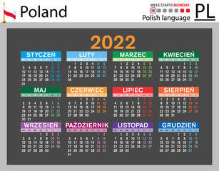 Polish horizontal pocket calendar for 2022. Week starts Monday