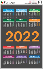 Portuguese vertical pocket calendar for 2022. Week starts Monday