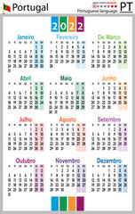 Portuguese vertical pocket calendar for 2022. Week starts Monday