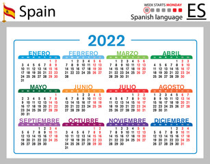 Spanish horizontal pocket calendar for 2022. Week starts Monday
