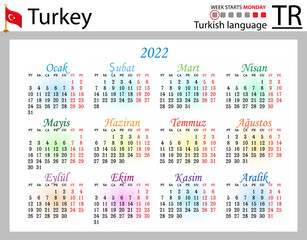 Turkish horizontal pocket calendar for 2022. Week starts Monday