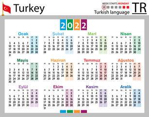 Turkish horizontal pocket calendar for 2022. Week starts Monday