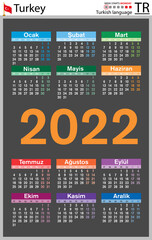 Turkish vertical pocket calendar for 2022. Week starts Monday