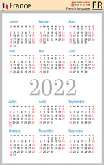 French vertical pocket calendar for 2022. Week starts Sunday