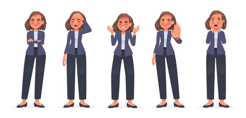 Set of character business woman expressing negative emotions. Displeased, angry girl. Headache, stop gesture