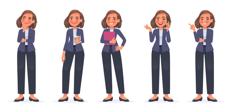 Business woman character set. A cute girl thinks, holds a glass of coffee in her hand, talks on the phone, points to the side
