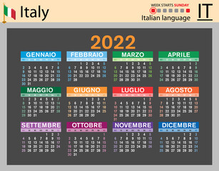 Italian horizontal pocket calendar for 2022. Week starts Sunday