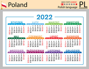 Polish horizontal pocket calendar for 2022. Week starts Sunday