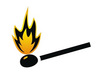 Safety match, black silhouette with orange flame, vector icon, isolated object, concept