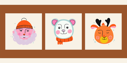 A set of three New Year or Christmas children illustrations. Square posters for design postcards, covers, home decor. Hand drawn Santa, bear, deer. Winter avatars for social networks.