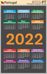 Portuguese vertical pocket calendar for 2022. Week starts Sunday