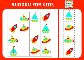 Sudoku for kids. Education development worksheet. Set transport. Activity page with pictures. A puzzle game for children. Isolated vector illustrations. Logic training