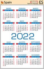 Spanish vertical pocket calendar for 2022. Week starts Sunday
