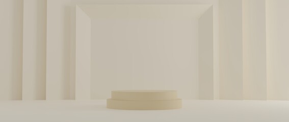 Fototapeta premium Cosmetic podium product minimal scene with platform beige background 3d render. Display stand for pastel white color mock up. stand show beauty backdrop on pedestal. Simple Cylinder pastel design