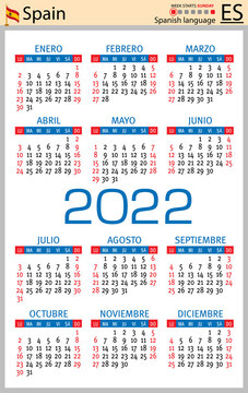 Spanish vertical pocket calendar for 2022. Week starts Sunday
