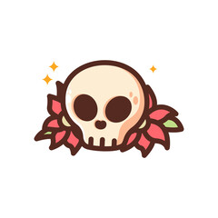 Cartoon skull with red flower, traditional tattoo design in simple cute style. Isolated clip art illustration.