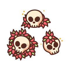 Cartoon skull with red flower, traditional tattoo design in simple cute style. Isolated clip art illustration.