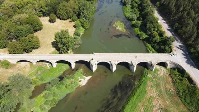 Aerial view of Nineteenth-century bridge over the Yantra River, known as the Kolyu Ficheto Bridge in Byala, Ruse region, Bulgaria