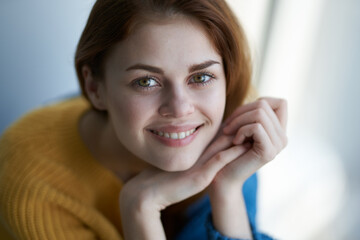 Fototapeta premium pretty woman attractive look with a blue plaid dreamy look