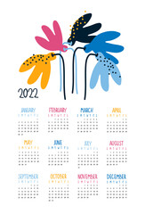 Calendar vector template for year 2022 with hand drawn Galanthus flowers on white background. Elements of late 1960s design