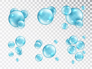 Water bubbles set isolated on transparent background. Cosmetic aqua. Realistic blue bubbles with reflection