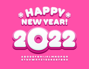 Vector lovely Greeting Card Happy New Year 2022! Pink and White cute Alphabet Letters and Numbers set. Modern style Font