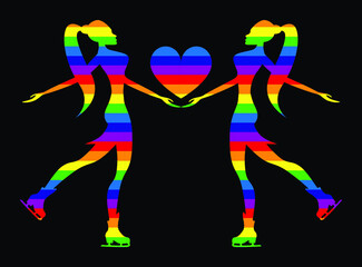 Two lesbian girls silhouette with ice figure skate shoes moving towards each other and a heart growth between them. LGBT rainbow flag, diversity, pride, equality, freedom concept vector illustration.