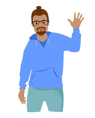 Happy attractive african american charismatic man raising palm to give high-five or wave friendly to welcome and say hello, smiling broadly showing hi gesture. A modern guy in casual clothes.