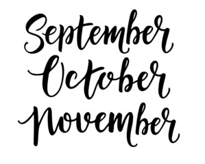 September, October, November autumn months. Set of hand-drawn lettering autumn season phrases isolated on white background. Vector calligraphy quotes for card, social media, advert.