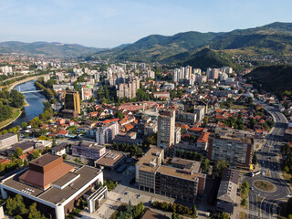 Aerial drone view of Zenica, Bosnia and Herzegovina. Buildings, streets, parks and residential...