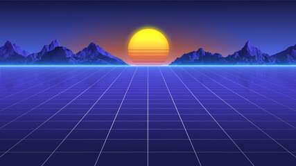 Fond de science-fiction rétro. Concept de surface cybernétique numérique. Rendu 3D de la grille de paysage futuriste. Style rétro des années 80.
