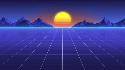 Photo sur Plexiglas Bleu foncé Fond de science-fiction rétro. Concept de surface cybernétique numérique. Rendu 3D de la grille de paysage futuriste. Style rétro des années 80.