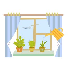 Fototapeta na wymiar Illustration of three green succulents on a windowsill with watering can with a view on a plane