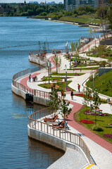 Krasnogorsk, Russia - July 22. 2021 Zhivopisnaya embankment on Moscow River - place of mass walks...