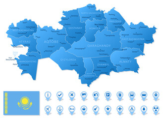 Blue map of Kazakhstan administrative divisions with travel infographic icons.