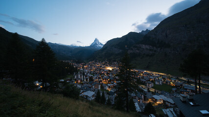 the famous village of zermatt in switzerland in the evening, with the matterhorn.
