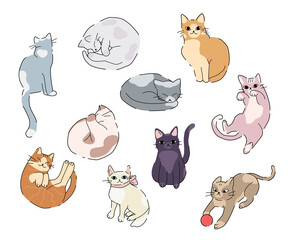 Set of trendy doodle cats in different poses for decoration design