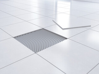 Laying tiles concept. Laying the ceramic tile on the floor - 3d rendering