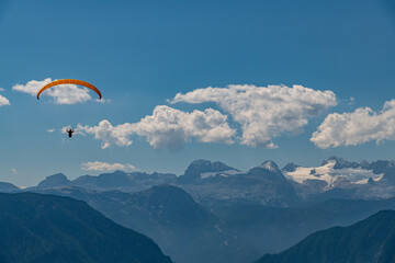 Paraglider over Altaussee with Dachstein in Background, Salzkammergut, Austria