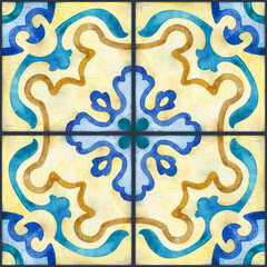 Watercolor seamless ceramic tiles pattern. Square vintage hand-drawn ornament.